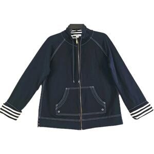 Anne Klein Sport ~Woman Size L~ Navy Blue White Stripes Nautical Jacket Zip-Up.